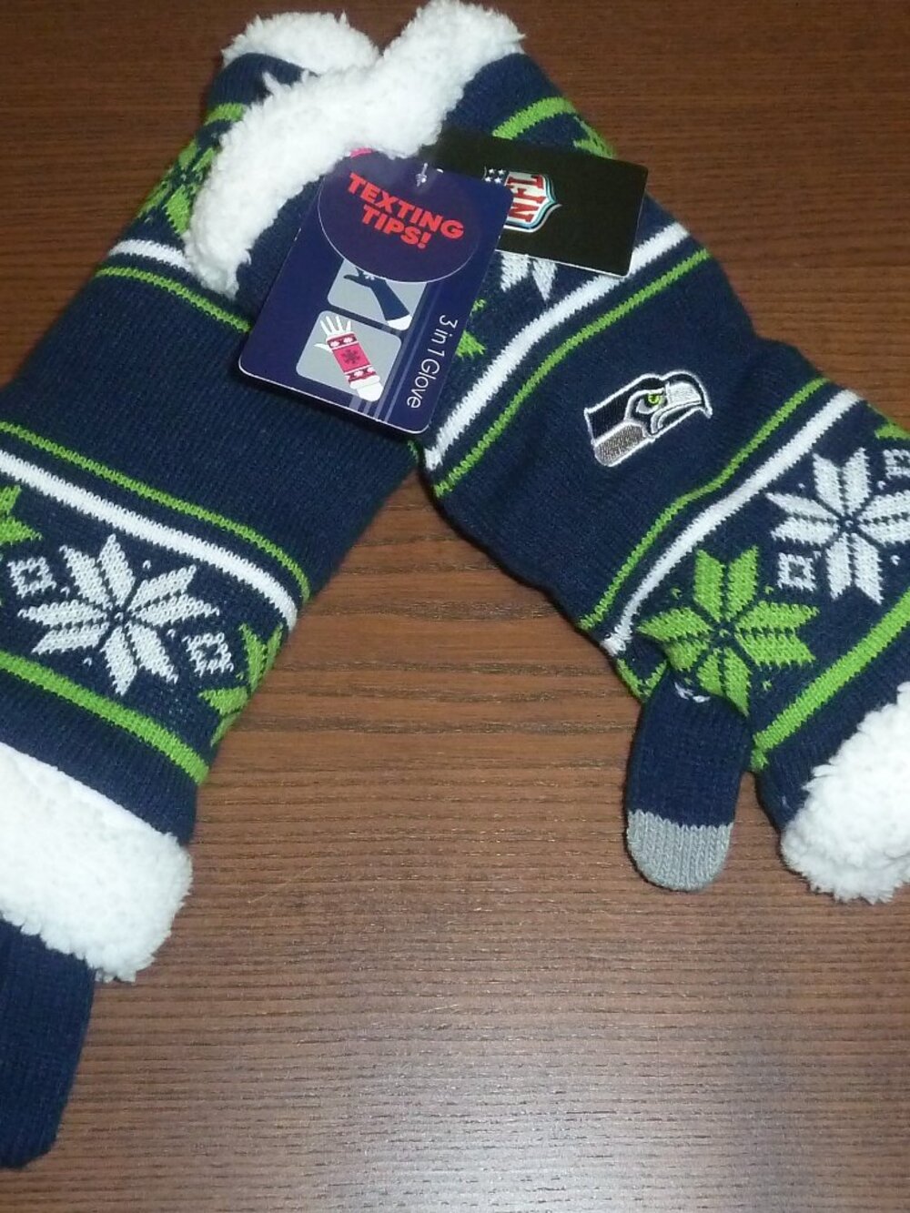 Seattle Seahawks Knit Gloves Muff Texting Tips 3 In 1 NFL Licensed Embroidered